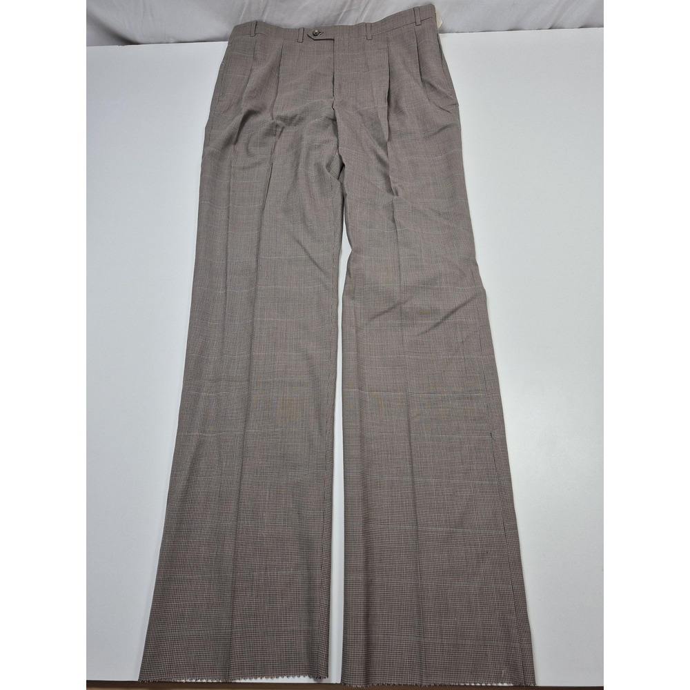 VTG Dress Pants Mens 38x36 Brown Wool Check Pleated Straight Unhemmed USA NWT